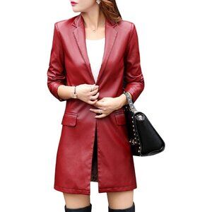 Tanming Womens PU Faux Leather Red  Long Suit Coat Outerwear